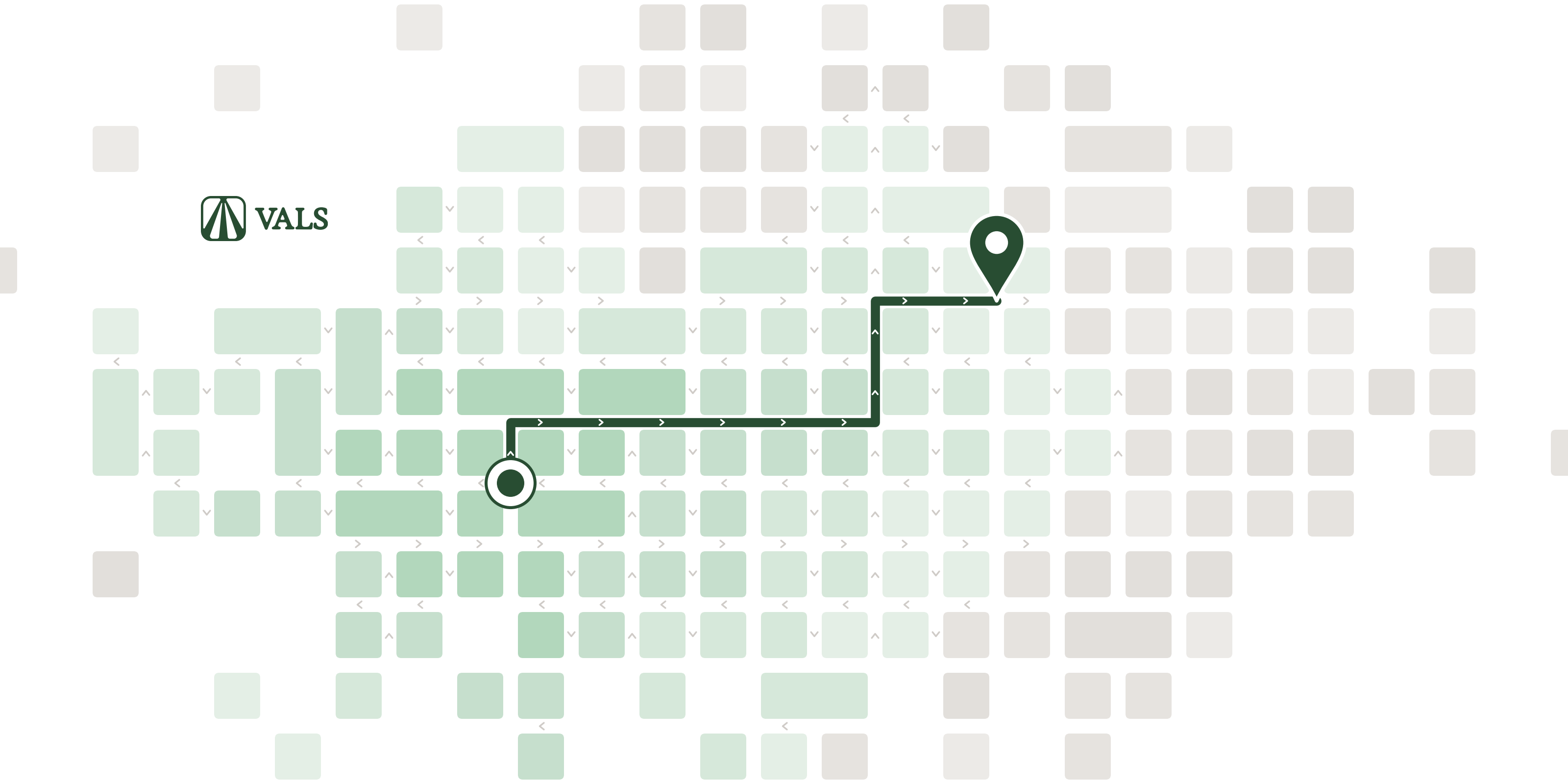 A shortest route drawn across a city of pixel blocks
